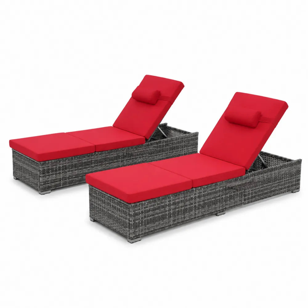 2er Set Sonnenliegen aus Polyrattan Anthrazit mit roten Kissen