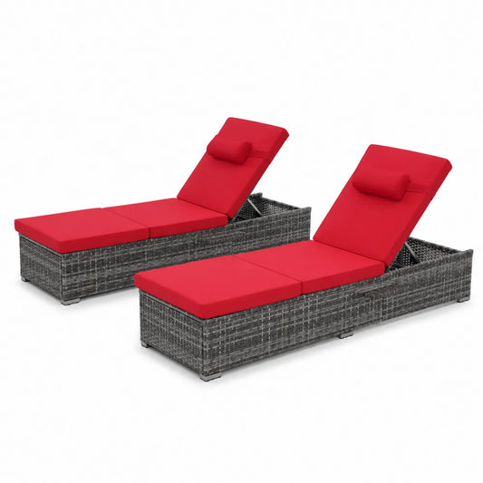 2er Set Sonnenliegen aus Polyrattan Anthrazit mit roten Kissen