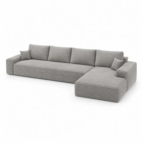 Cord-Ecksofa mit Chaiselongue und Kissen, Grau, 350x100x85 cm