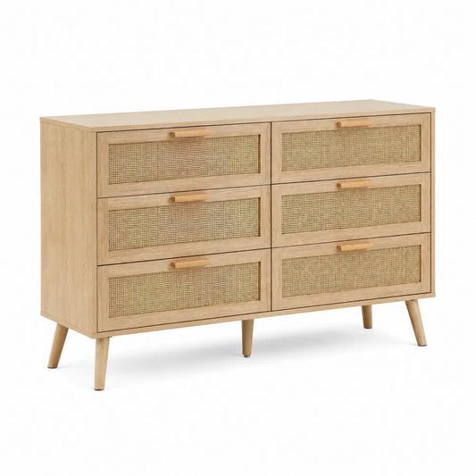 Kommode aus Holz mit Rattan Geflecht, 6 Schubladen, 120x40x80 cm